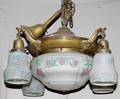 050112 ANTIQUE FIVE LIGHT CHANDELIER BRASS WGLASS