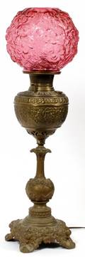 VICTORIAN CRANBERRY GLASS  GILT METAL OIL LAMP