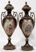 052210 SEVRES SIGNED HAND PAINTED PORCELAIN URNS PAIR