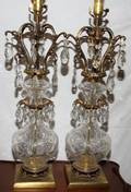 041323 ETCHED GLASS  GILT LAMPS HUNG WCRYSTAL PRISMS