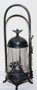 031333 VICTORIAN SILVERPLATE  GLASS PICKLE CASTER WIT