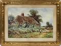 HEFTY RICHARDS WATERCOLOR COTTAGE W MAN  SHEEP