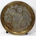 022334 SYRIAN BRASS ROUND TRAY ONLAID WITH SILVER