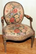 052421 PAINTED WOOD  UPHOLSTERED ARM CHAIR ANTIQUE