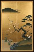 JAPANESE HANDPAINTED TWO PANEL SCREEN