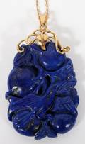 CHINESE CARVED LAPIS PENDANT 14KT GOLD NECK CHAIN