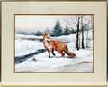 JOE MIKE WATERCOLOR FOX IN WINTER LANDSCAPE