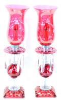 061511 CRANBERRY GLASS HURRICANE LAMPS C 1940 PR