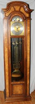 050007 HOWARD MILLER BURL WOOD VENEER TALL CASE CLOCK