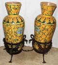 041034 ITALIAN POTTERY URNS IN WROUGHT IRON STANDS