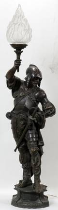 111139 CAST SPELTER KNIGHT NEWEL LAMP EARLY 20TH C