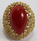 090070 DIAMOND  CORAL CABOCHON RING SET IN YGOLD