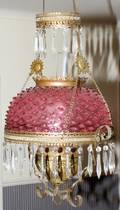 071180 VICTORIAN CRANBERRY GLASS  BRASS HANGING OIL L