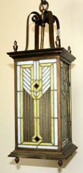 080086 LEADED GLASS  BRASS HANGING LANTERN H 29