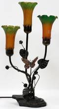 111248 COLORED GLASS  PATINATED METAL 3LIGHT LAMP