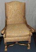 101185 CARVED WOOD  UPHOLSTERED ARM CHAIR H 48