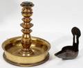 081156 ANTIQUE BRASS CANDLESTICKS  IRON BETTY LAMP