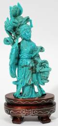 090204 CHINESE CARVED TURQUOISE LADY WITH BASKET