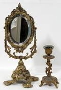 090256 BRONZE MIRROR AND CANDLESTICK 2 PCS 6  11