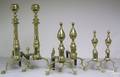 Group of Edwin Jackson brass fireplace equipment to include 3 pair of andirons