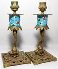 071390 CHINESE BRASS  ENAMELED PORCELAIN CANDLESTICKS