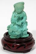 110330 CHINESE CARVED TURQUOISE LADY FLOWER VENDOR