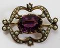 091392 VINTAGE AMETHYST  SEED PEARL BROOCH