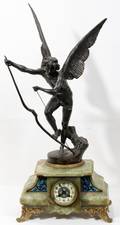 072352 ONYX SPELTER  ENAMEL FIGURAL MANTLE CLOCK