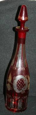 070320 BOHEMIAN CRANBERRY TO CLEAR CUT GLASS DECANTER