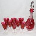 070319 GERMAN CUT CRANBERRY GLASS WINE DECANTER 