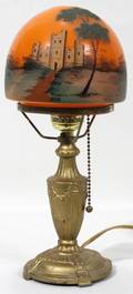 071462 PAINTED GLASS  METAL BOUDOIR LAMP C 1925 H