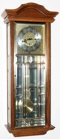 021075 ANSONIA OAK  BEVELED GLASS HANGING CLOCK H 34