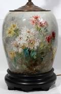 021063 HANDPAINTED POTTERY VASE NOW A LAMP C 1920