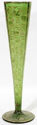 021148 VICTORIAN ENAMELED GREEN GLASS VASE H 14