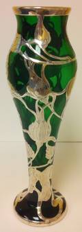 030119 ART NOUVEAU STERLING SILVER  GREEN GLASS VASE