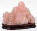 012169 CHINESE ROSE QUARTZ SEATED BUDDHA ON WOOD STAND