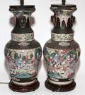 CHINESE POTTERY URNS MOUNTED AS LAMPS PAIR