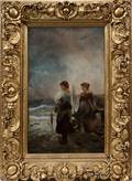 011393 OIL ON CANVAS 32 X 19 FISHERWOMEN ON SHORE