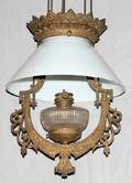 030308 ANTIQUE PAINTED IRON HANGING OIL LAMP C 1880