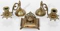021457 VICTORIAN BRASS INKWELL  PAIR OF CANDLESTICKS