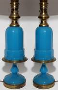 ENGLISH BLUE OPALINE GLASS TABLE LAMPS PAIR