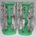 GREEN SATIN GLASS LUSTERS PAIR H 8 34