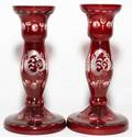 011458 BOHEMIAN ETCHED GLASS CANDLESTICKS PAIR