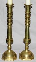 020426 BRASS CANDLE HOLDERS PAIR H 19 L 5 D 5