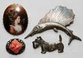 011528 ANTIQUE STERLING CORAL  PORCELAIN BROOCHES