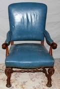 022473 CARVED WOOD ARMCHAIR WBLUE LEATHER UPHOLSTERY