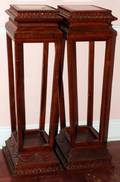CHINESE CARVED WOOD PEDESTALS WITH MARBLE TOPS PAIR H