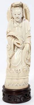 020005 CHINESE CARVED IVORY QUAN YIN H 10 L 3