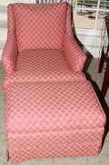 081097 UPHOLSTERED LOUNGE CHAIRS PAIR  OTTOMAN