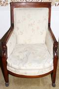 082131 FRENCH CARVED WALNUT  UPHOLSTERED ARM CHAIR